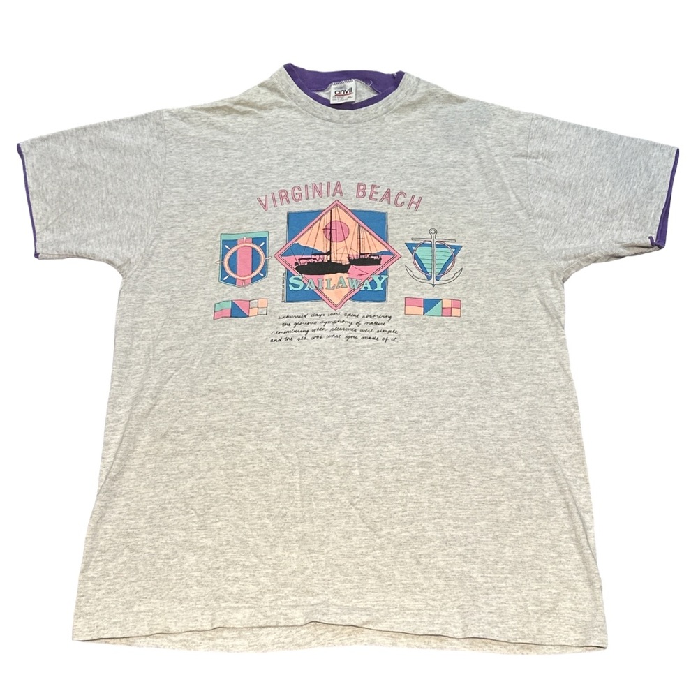 VINTAGE 90s ANVIL/AIR WAVES VIRGINA BEACH unisex grey graphic tee, size XL.